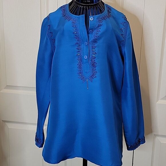 STUDIO G Raw Silk Blouse Peacock Blue Size 6 - Picture 2 of 9
